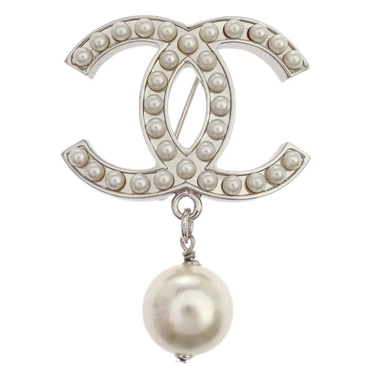 Chanel CC Costume Pearl Brooch Pin Silver 05V