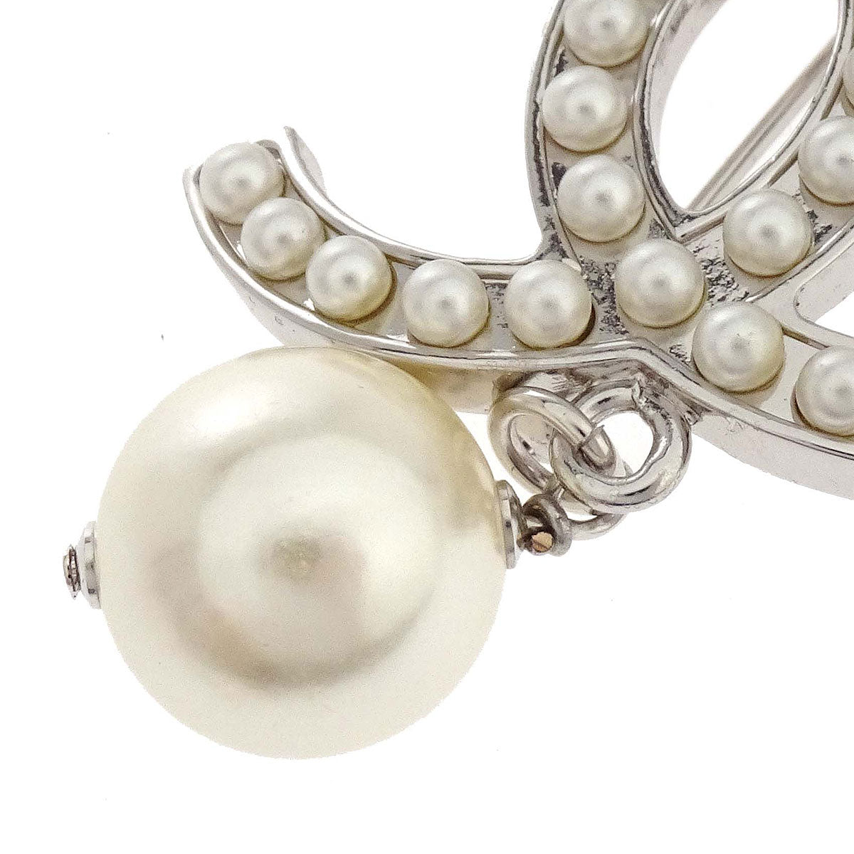 Chanel CC Costume Pearl Brooch Pin Silver 05V