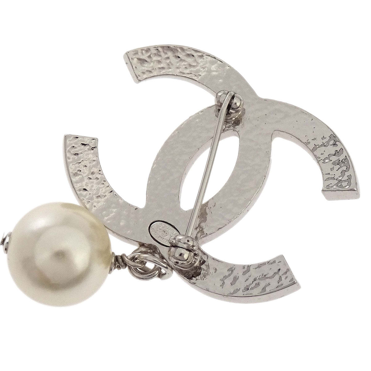 Chanel CC Costume Pearl Brooch Pin Silver 05V