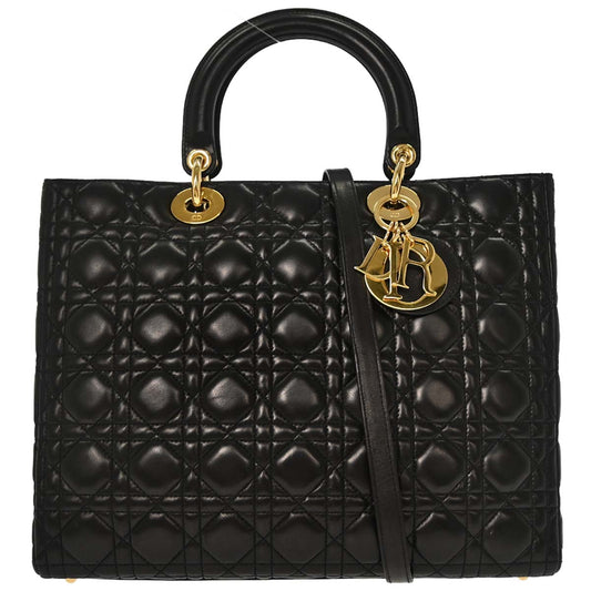 Christian Dior Black Lambskin Large Lady Dior Cannage 2way Shoulder Handbag