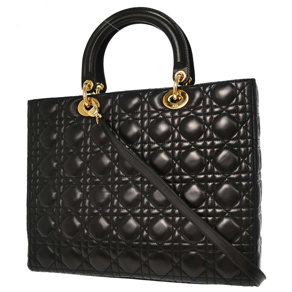 Christian Dior Black Lambskin Large Lady Dior Cannage 2way Shoulder Handbag