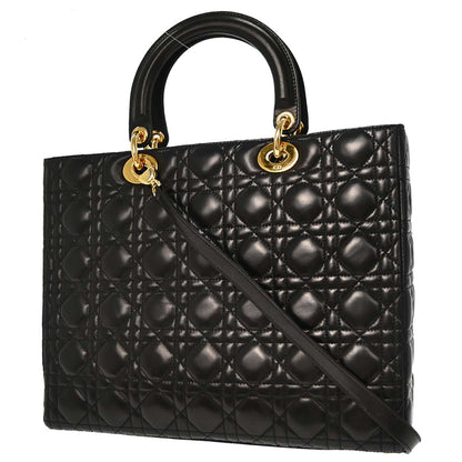Christian Dior Black Lambskin Large Lady Dior Cannage 2way Shoulder Handbag
