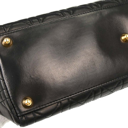 Christian Dior Black Lambskin Large Lady Dior Cannage 2way Shoulder Handbag