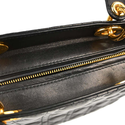 Christian Dior Black Lambskin Large Lady Dior Cannage 2way Shoulder Handbag