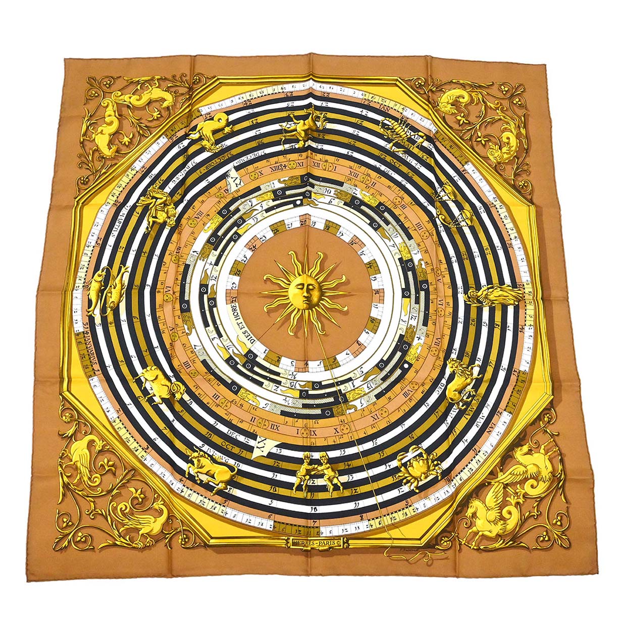 Hermes Scarf Carre 90 Dies et Hore Brown Small Good