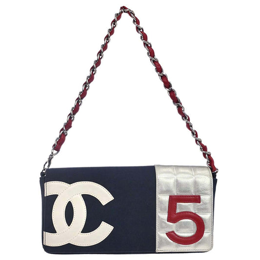 Chanel Navy Silver Canvas No.5 Choco Bar Handbag