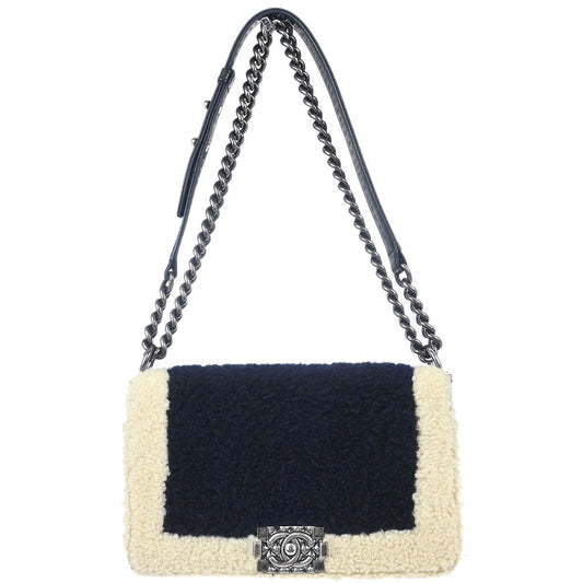 Boy Chanel Black Shearling Medium Double Chain Shoulder Bag