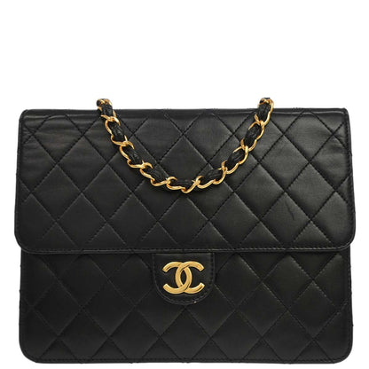 Chanel 1997-1999 Black Lambskin Pushlock Small Half Flap Shoulder Bag