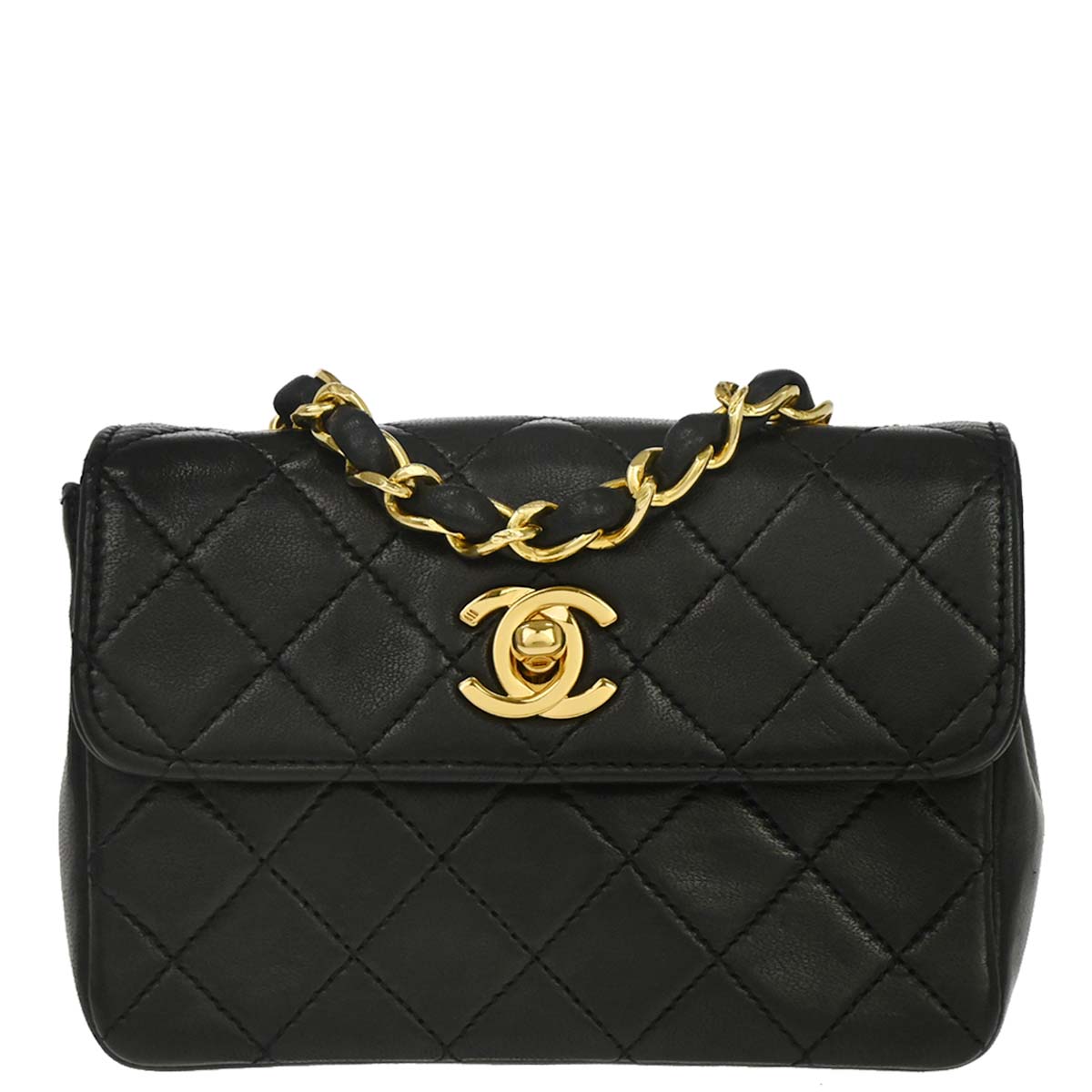 Chanel 1989-1991 Black Lambskin Straight Flap Shoulder Bag