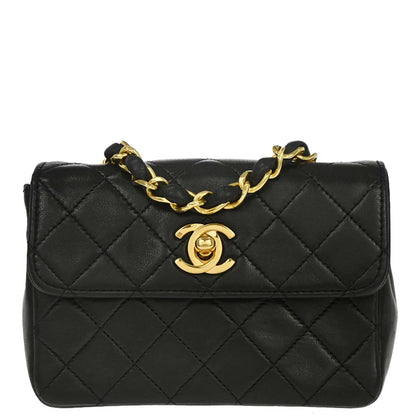 Chanel 1989-1991 Black Lambskin Straight Flap Shoulder Bag