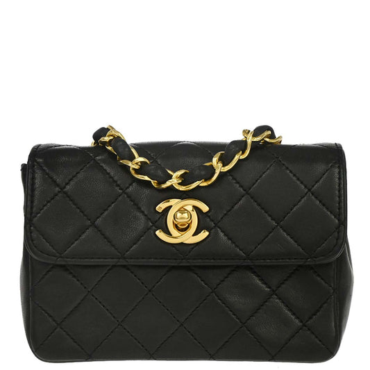Chanel 1989-1991 Black Lambskin Straight Flap Shoulder Bag