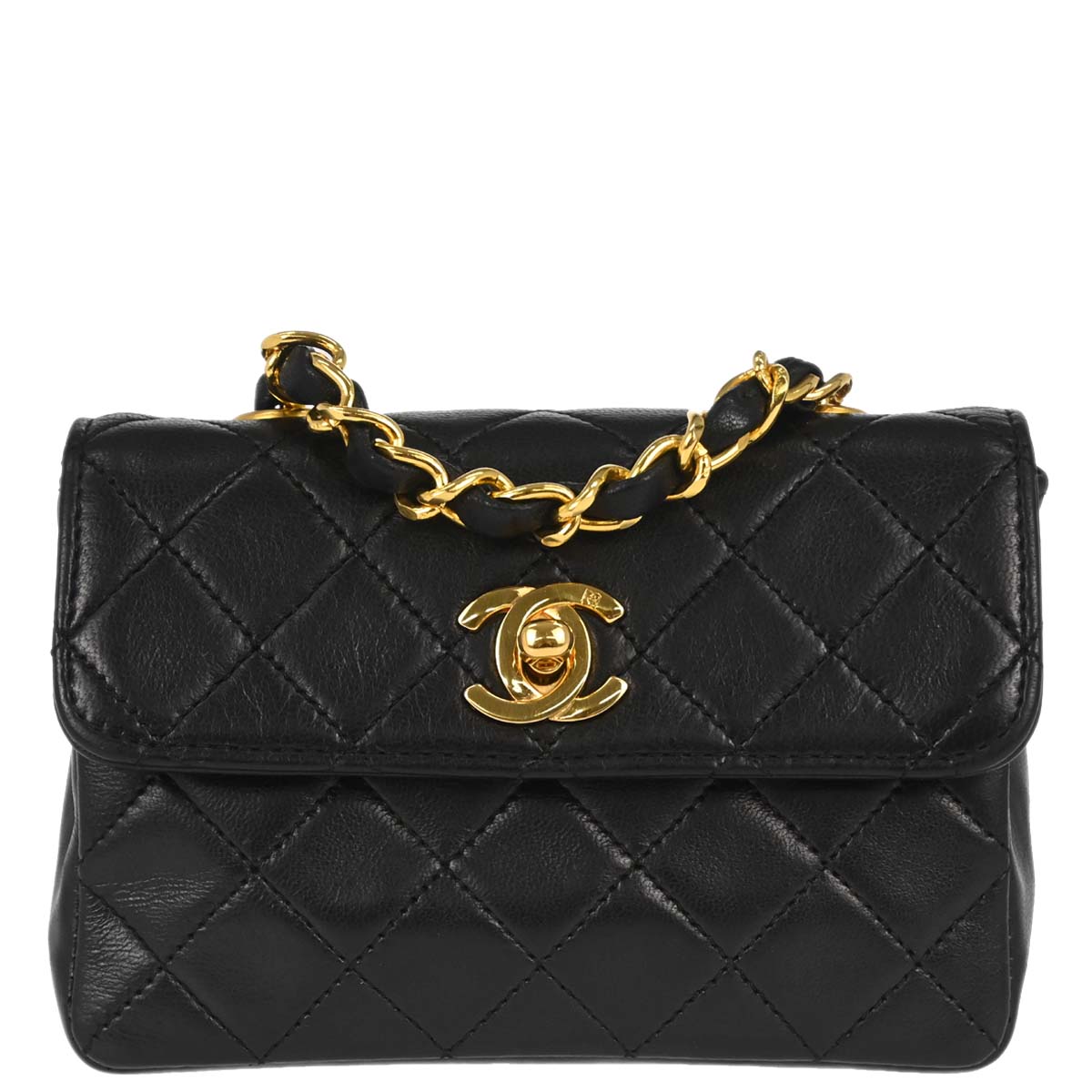 Chanel 1989-1991 Black Lambskin Straight Flap Shoulder Bag