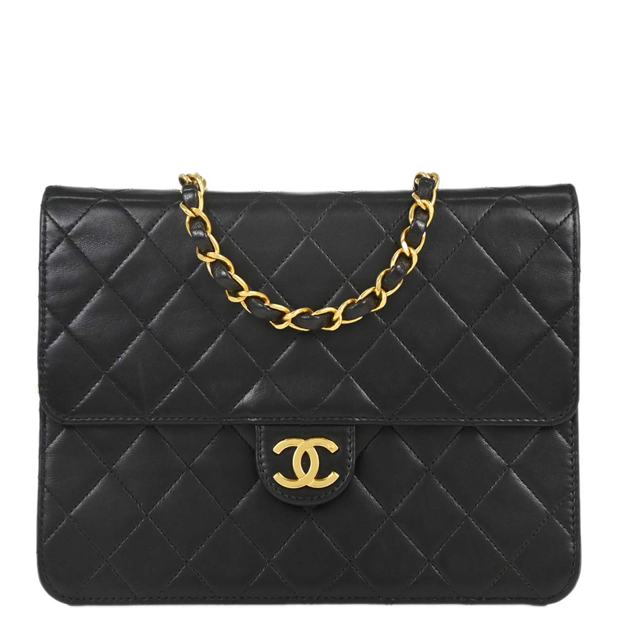 Chanel 1997-1999 Black Lambskin Pushlock Small Half Flap Shoulder Bag