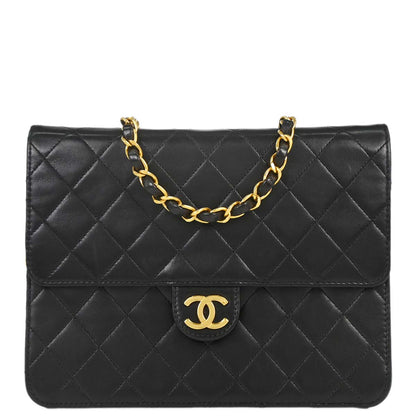 Chanel 1997-1999 Black Lambskin Pushlock Small Half Flap Shoulder Bag