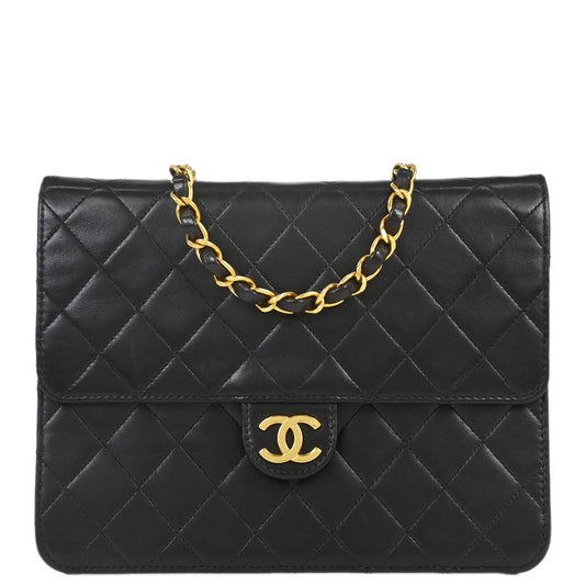 Chanel 1997-1999 Black Lambskin Pushlock Small Half Flap Shoulder Bag