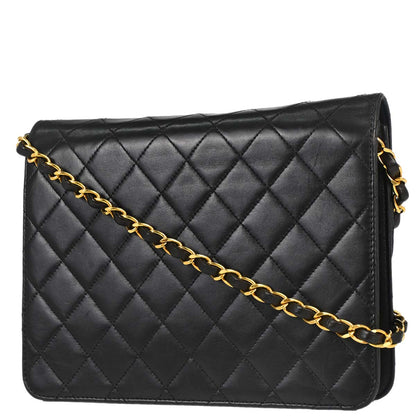Chanel 1997-1999 Black Lambskin Pushlock Small Half Flap Shoulder Bag