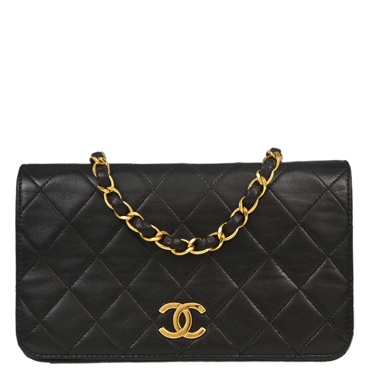 Chanel 1994-1996 Black Lambskin Pushlock Mini Full Flap Shoulder Bag
