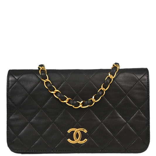 Chanel 1994-1996 Black Lambskin Pushlock Mini Full Flap Shoulder Bag