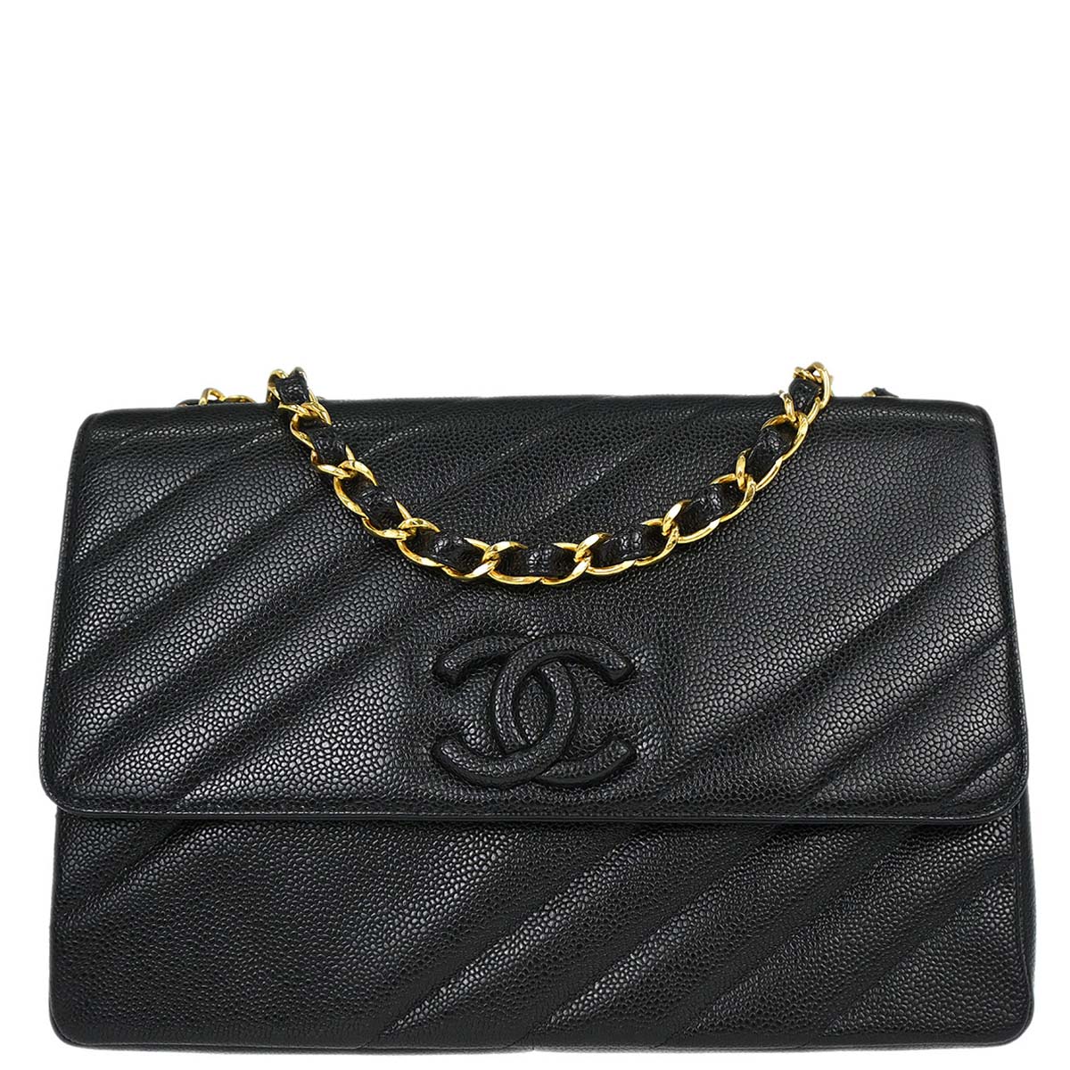 Chanel 1994-1996 Black Caviar skin Straight Flap Jumbo Shoulder Bag