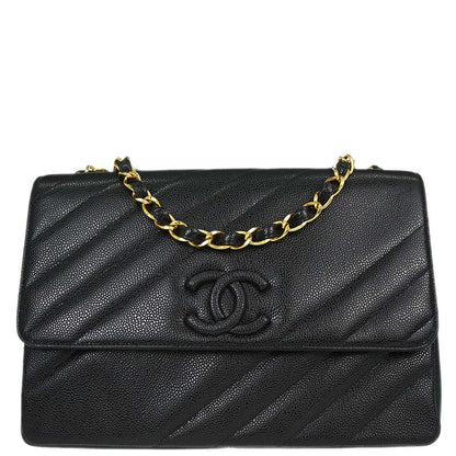 Chanel 1994-1996 Black Caviar skin Straight Flap Jumbo Shoulder Bag