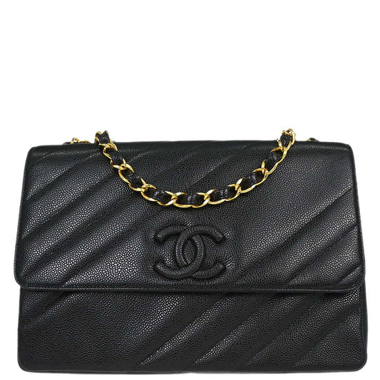 Chanel 1994-1996 Black Caviar skin Straight Flap Jumbo Shoulder Bag