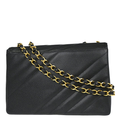Chanel 1994-1996 Black Caviar skin Straight Flap Jumbo Shoulder Bag