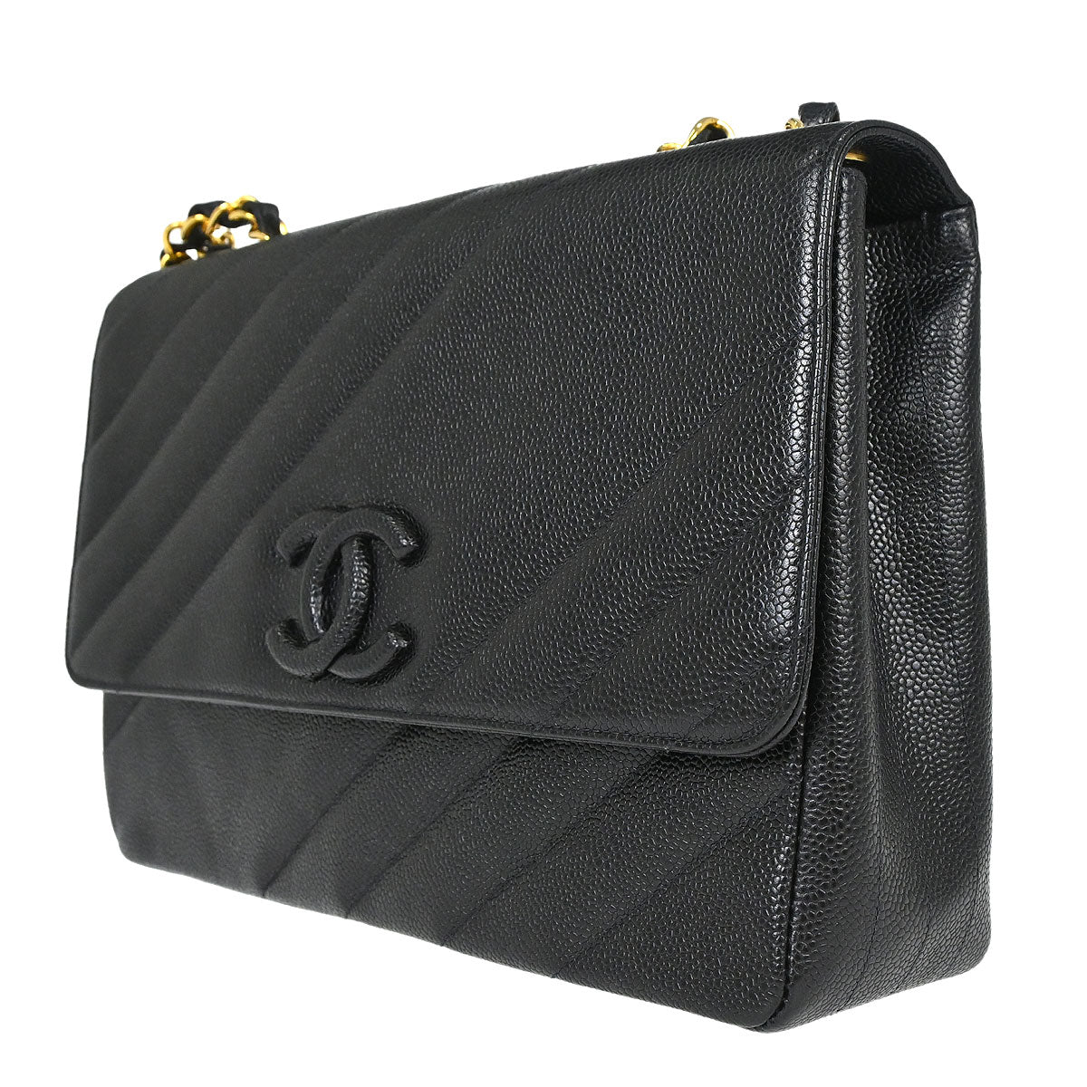 Chanel 1994-1996 Black Caviar skin Straight Flap Jumbo Shoulder Bag