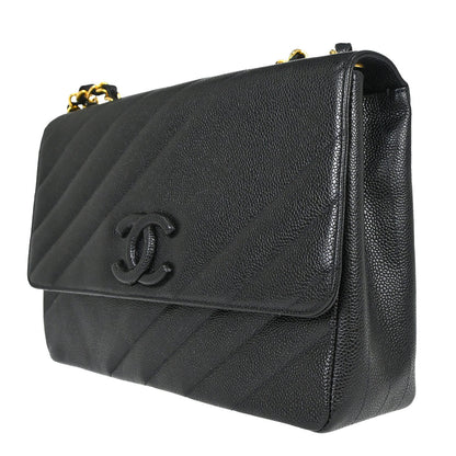Chanel 1994-1996 Black Caviar skin Straight Flap Jumbo Shoulder Bag
