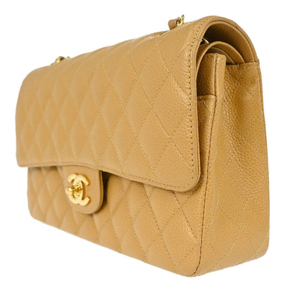 Chanel Beige Caviar Skin Medium Classic Double Flap Shoulder Bag