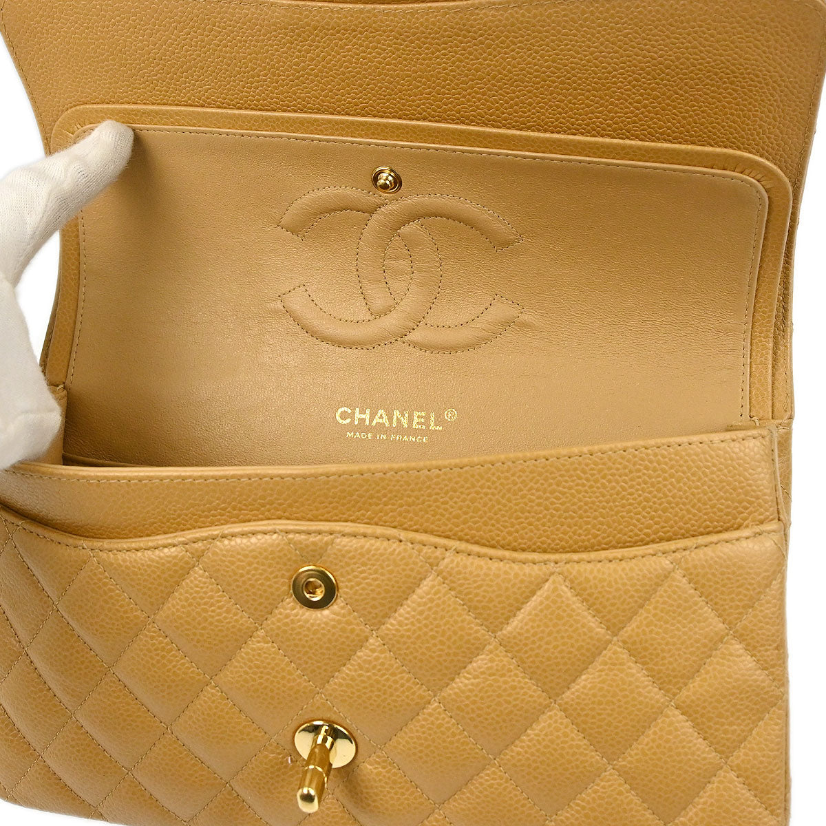 Chanel Beige Caviar Skin Medium Classic Double Flap Shoulder Bag
