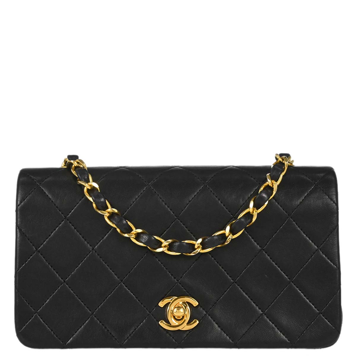 Chanel 1989-1991 Black Lambskin Turnlock Mini Full Flap Shoulder Bag