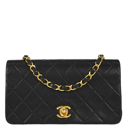 Chanel 1989-1991 Black Lambskin Turnlock Mini Full Flap Shoulder Bag