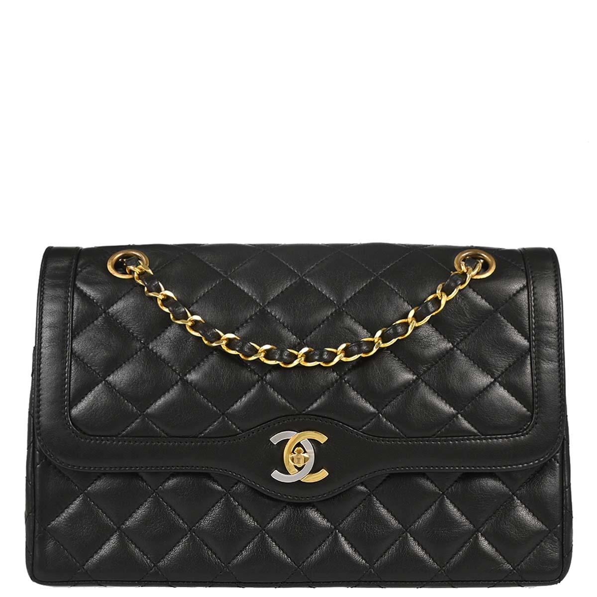 Chanel 1991-1994 Black Lambskin Paris Double Flap Shoulder Bag