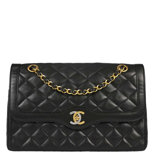 Chanel 1991-1994 Black Lambskin Paris Double Flap Shoulder Bag