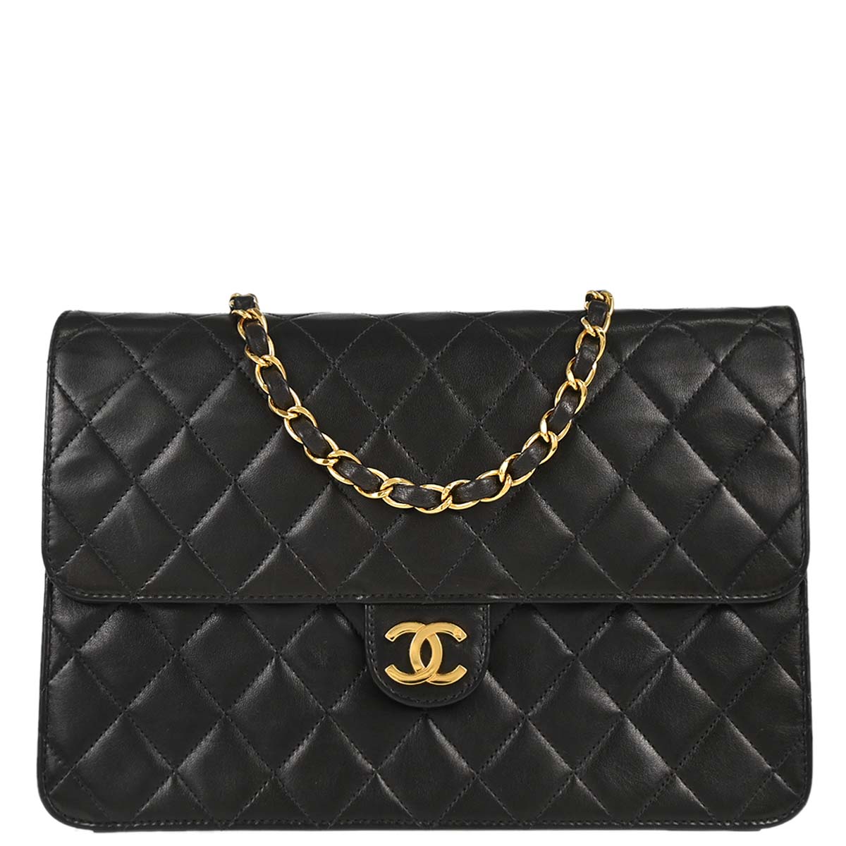 Chanel 1997-1999 Black Lambskin Pushlock Medium Half Flap Shoulder Bag