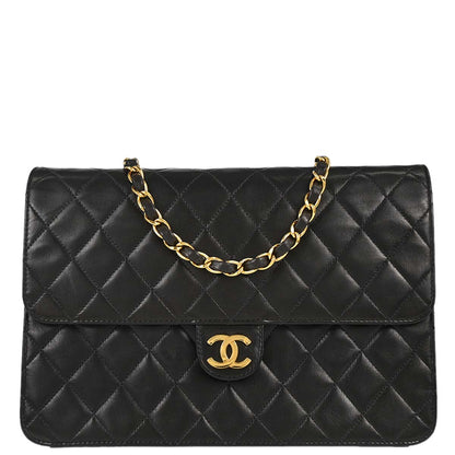 Chanel 1997-1999 Black Lambskin Pushlock Medium Half Flap Shoulder Bag