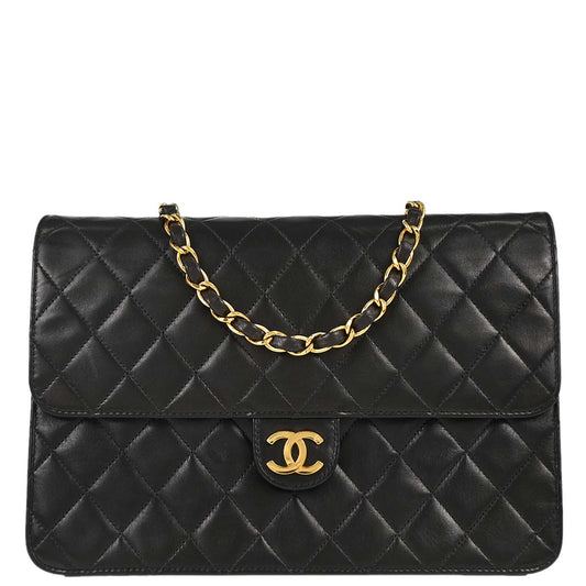 Chanel 1997-1999 Black Lambskin Pushlock Medium Half Flap Shoulder Bag