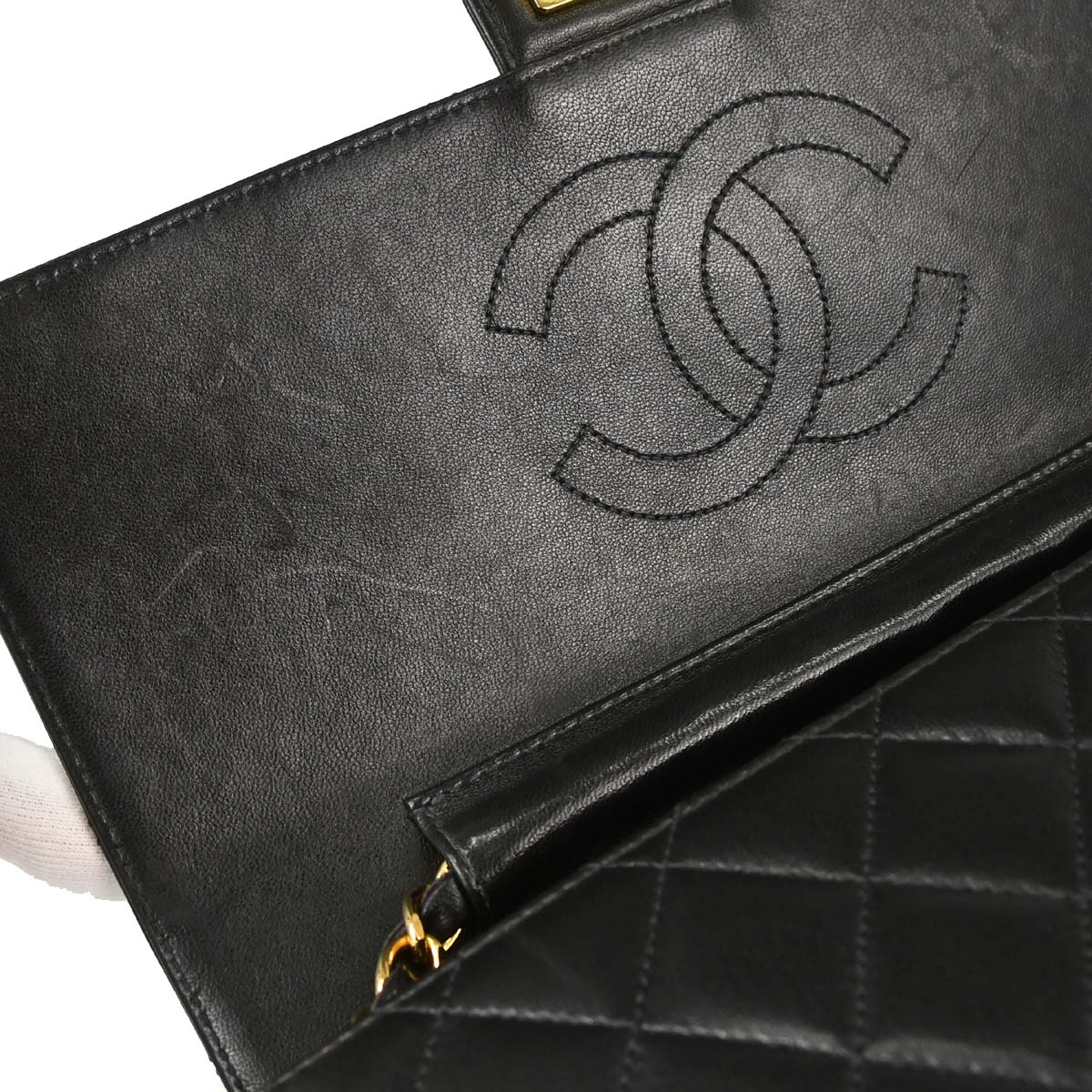 Chanel 1997-1999 Black Lambskin Pushlock Medium Half Flap Shoulder Bag