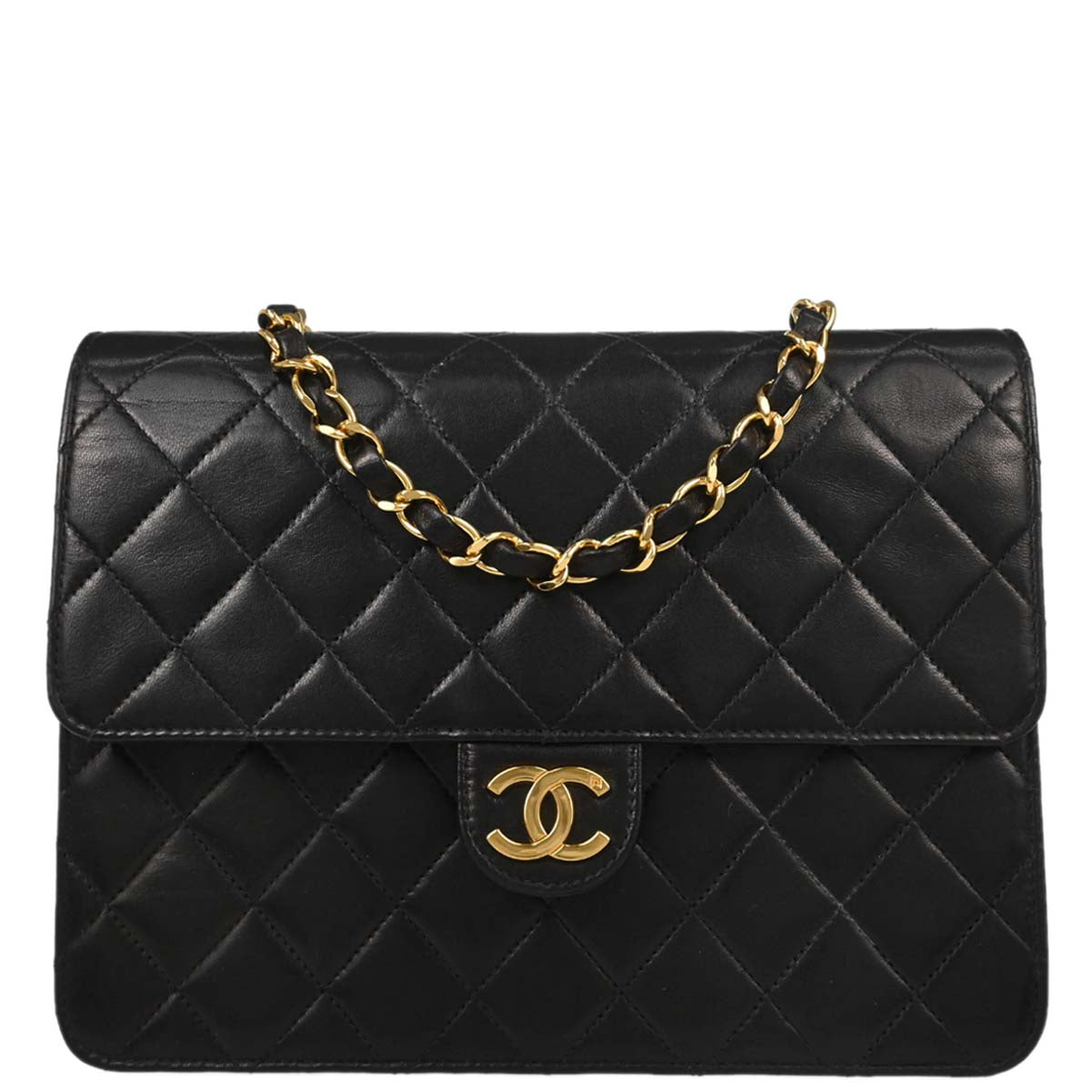 Chanel 2000-2002 Black Lambskin Pushlock Small Half Flap Shoulder Bag