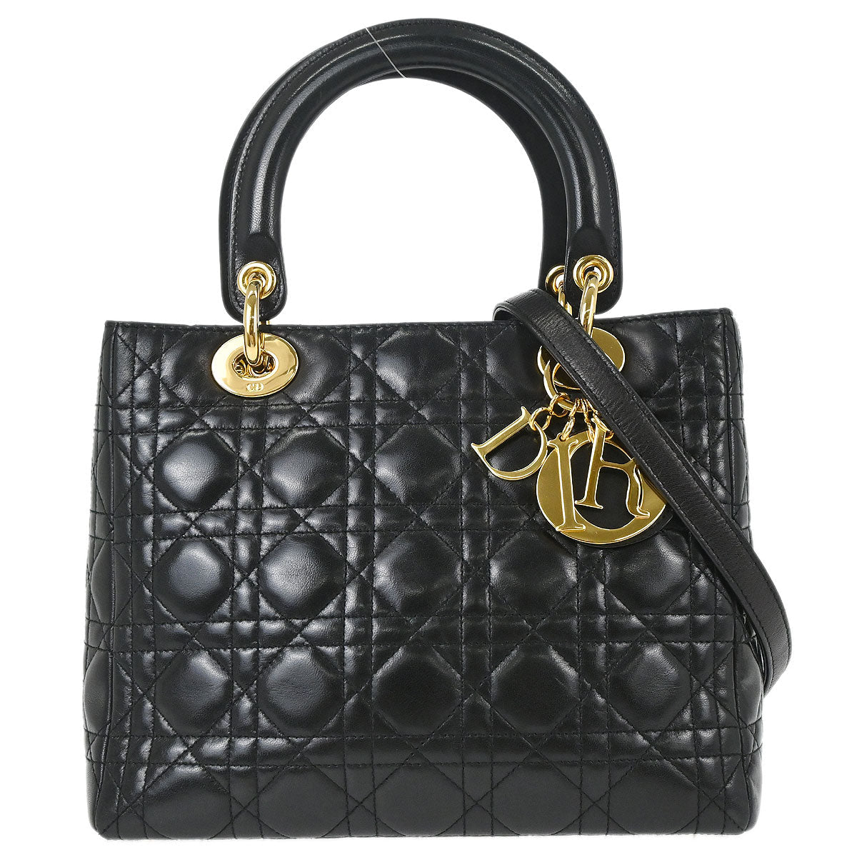 Christian Dior Black Lambskin Medium Lady Dior Cannage 2way Shoulder Handbag