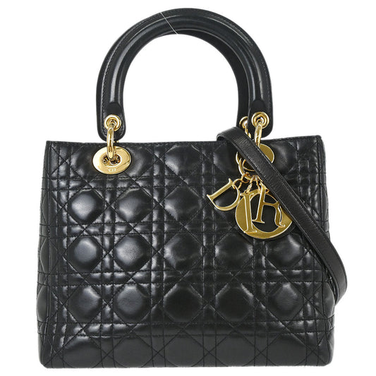 Christian Dior Black Lambskin Medium Lady Dior Cannage 2way Shoulder Handbag