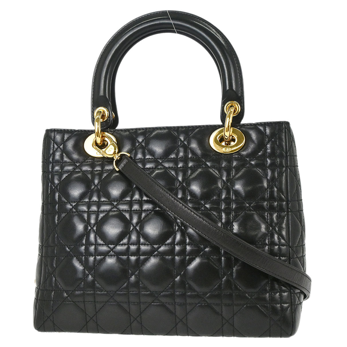 Christian Dior Black Lambskin Medium Lady Dior Cannage 2way Shoulder Handbag