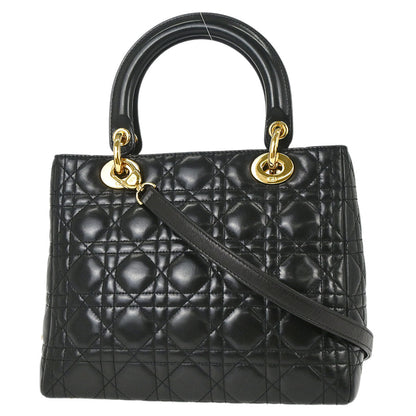 Christian Dior Black Lambskin Medium Lady Dior Cannage 2way Shoulder Handbag