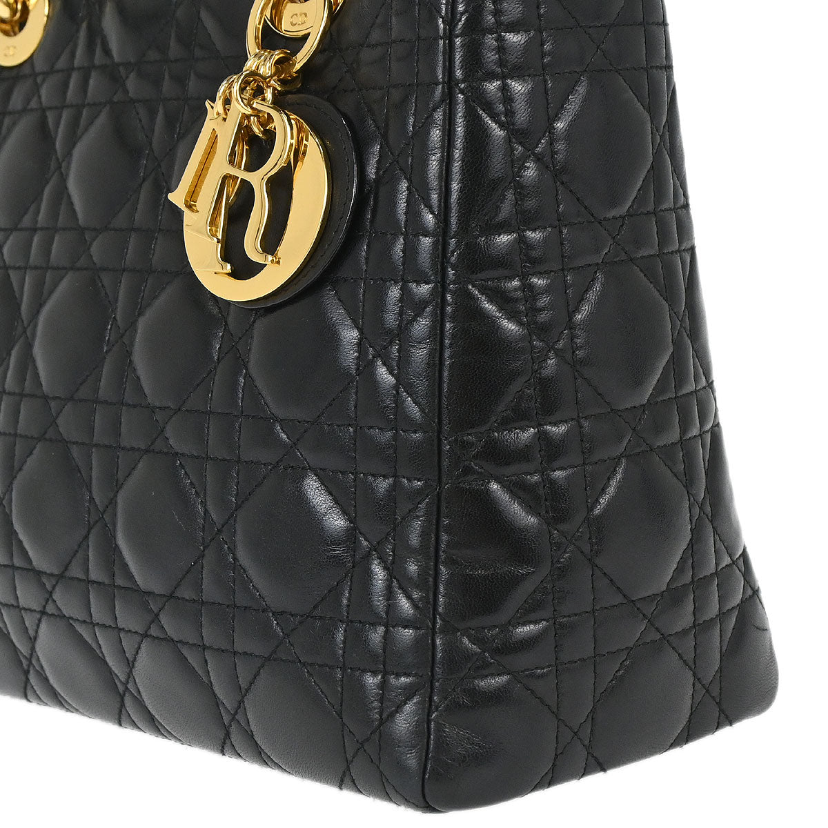 Christian Dior Black Lambskin Medium Lady Dior Cannage 2way Shoulder Handbag