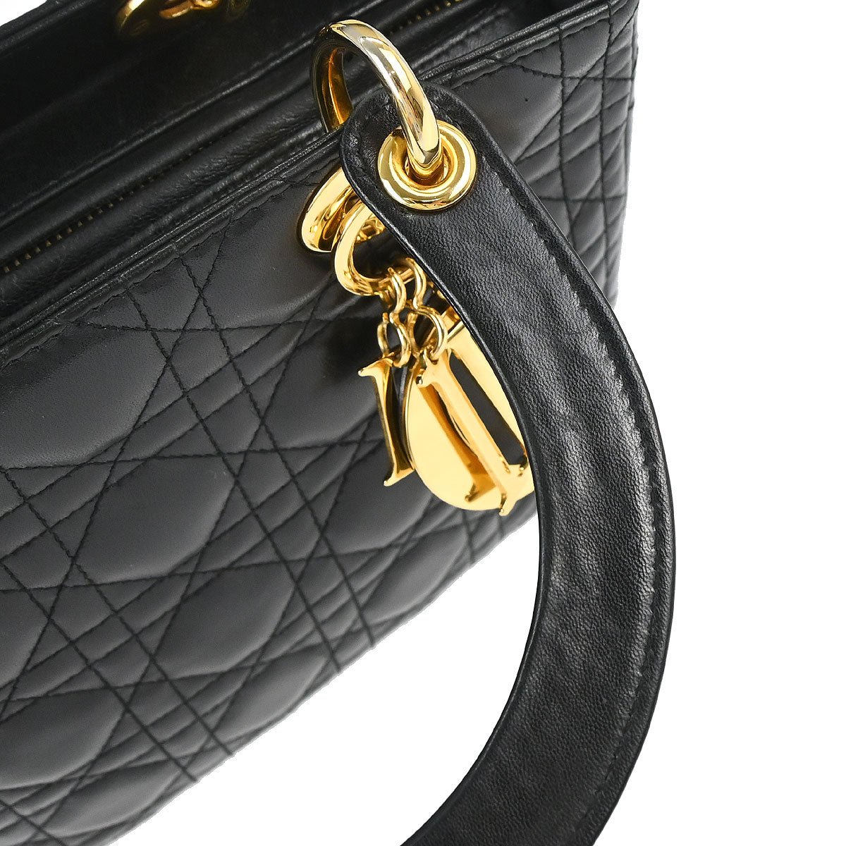 Christian Dior Black Lambskin Medium Lady Dior Cannage 2way Shoulder Handbag