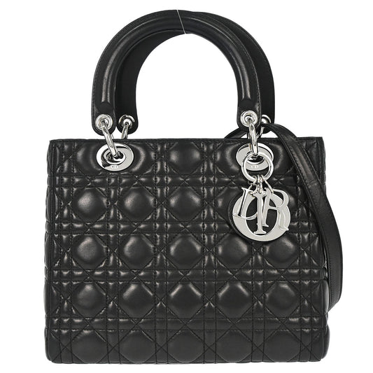Christian Dior Black Lambskin Lady Dior Cannage 2way Shoulder Handbag