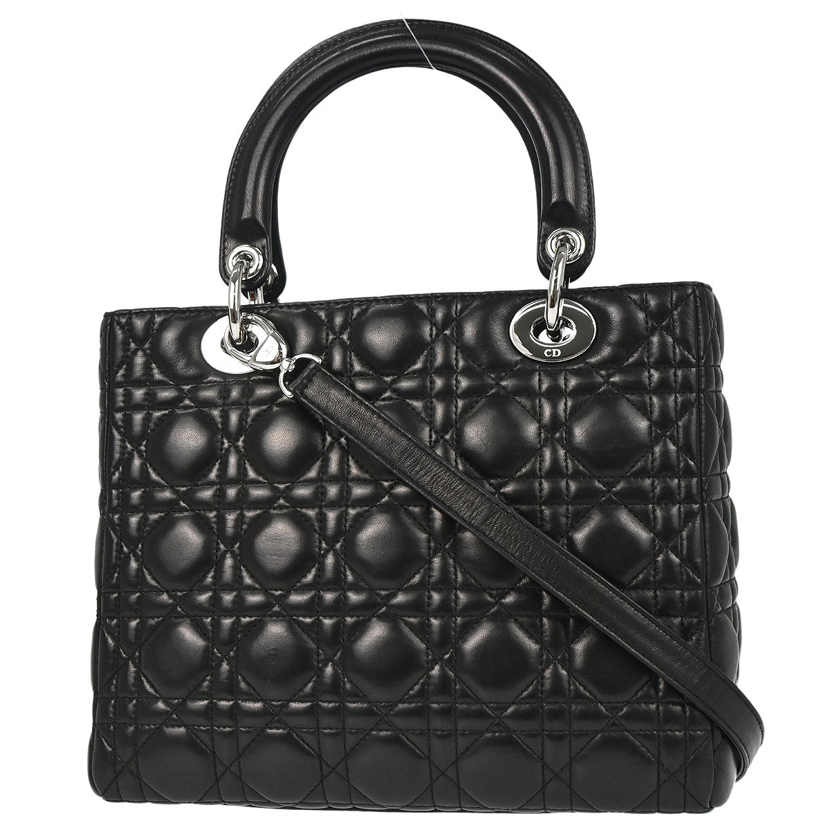 Christian Dior Black Lambskin Lady Dior Cannage 2way Shoulder Handbag