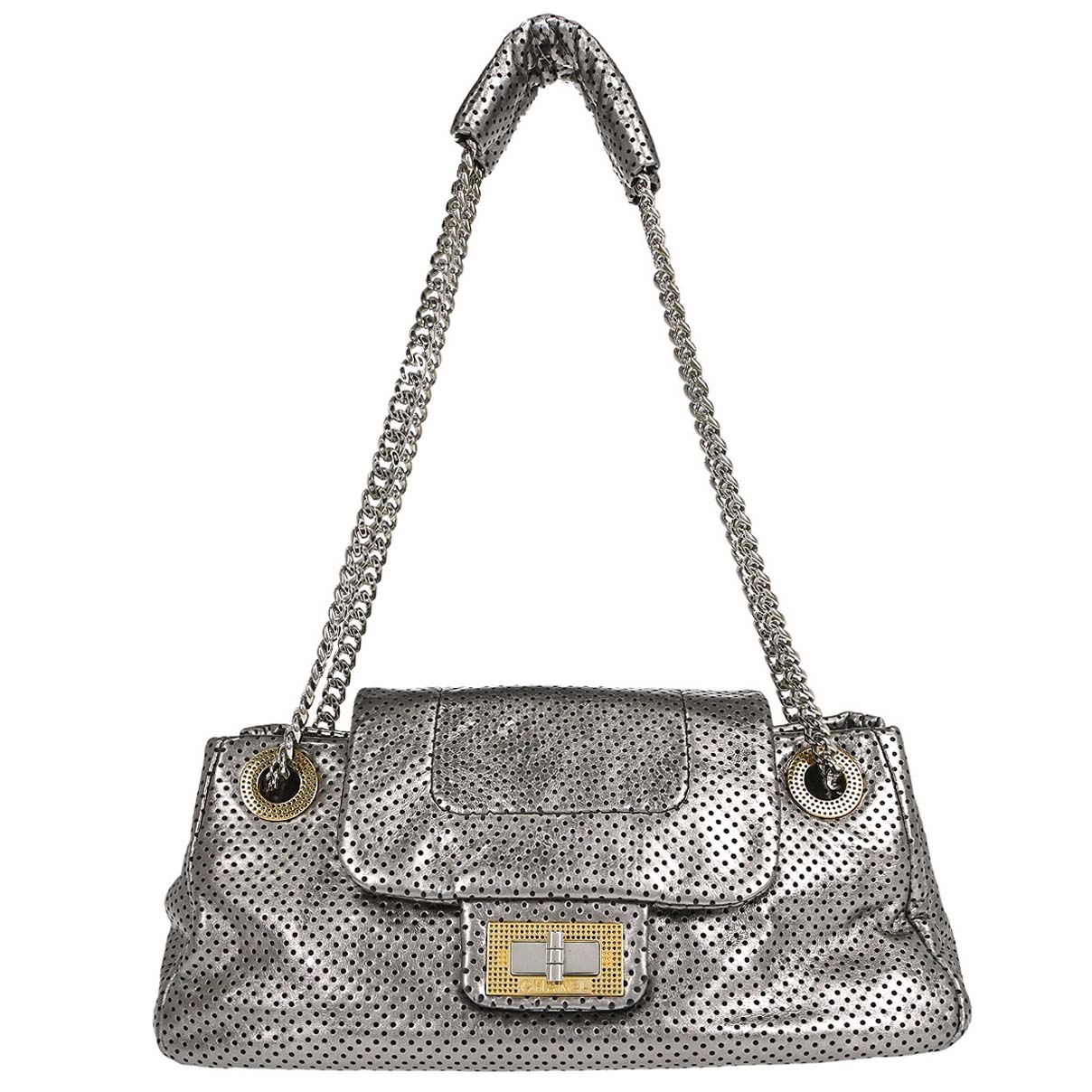 Chanel 2008-2009 Silver Perforated Leather Accordion Flap Mademoiselle Lock Handbag