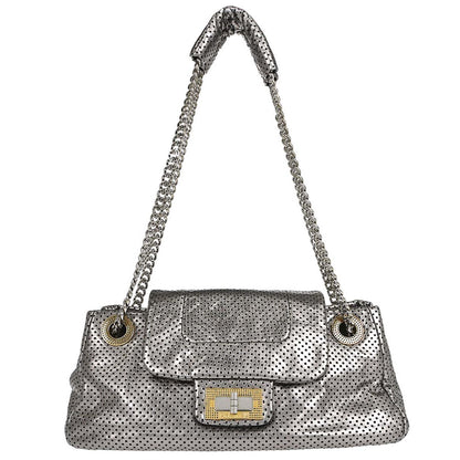 Chanel 2008-2009 Silver Perforated Leather Accordion Flap Mademoiselle Lock Handbag