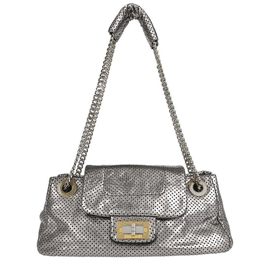 Chanel 2008-2009 Silver Perforated Leather Accordion Flap Mademoiselle Lock Handbag